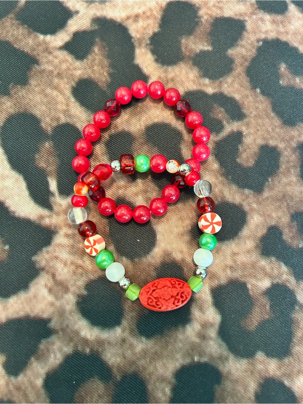 Festive Red Beaded Women's Bracelet Set with Green Accents